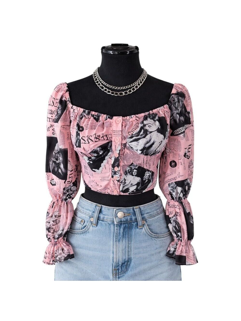 Y2K Newspaper Print Crop Top Pink Marilyn Graphic Milkmaid Blouse